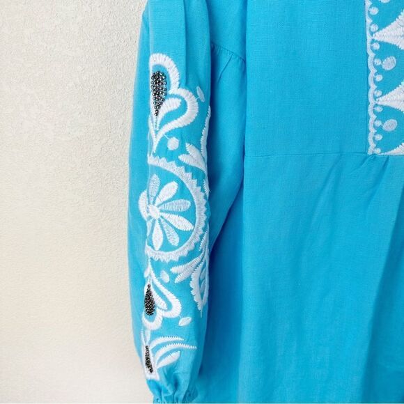 Soft Surroundings Blue Linen Embroidered Blouse Top Long Sleeve Large - Picture 2 of 7